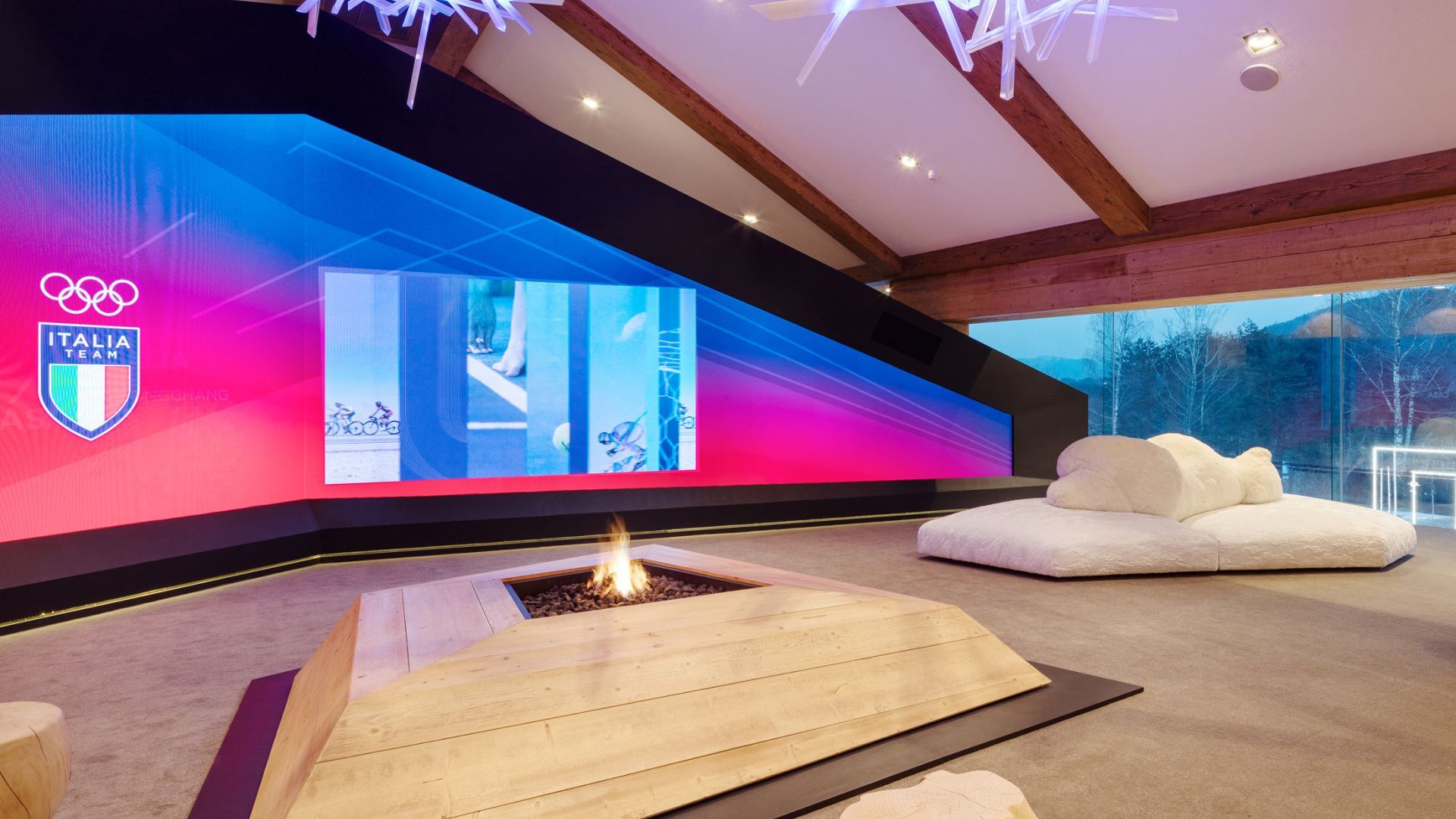   Pack .&nbsp;Francesco Binfar&eacute;&rsquo;s bear sofa warms up by the fire in the Casa Italia lounge at Pyeongchang 2018. 