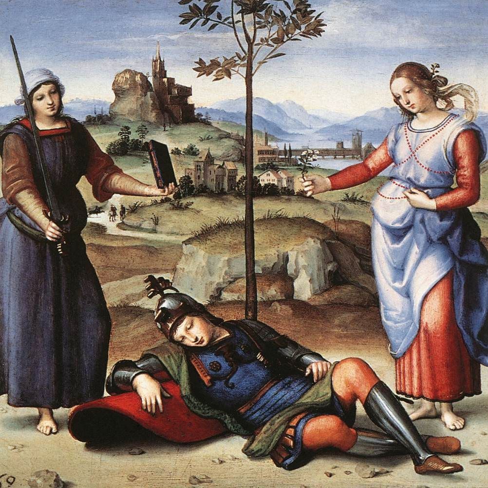 “Il sogno del cavaliere” dipinto da Raffaello Sanzio nel 1503 ed esposto alla National Gallery di Londra.