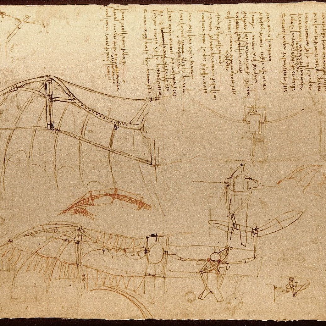 La “tavola del volo” di Leonardo da Vinci contenuta nel “Codice Atlantico”.