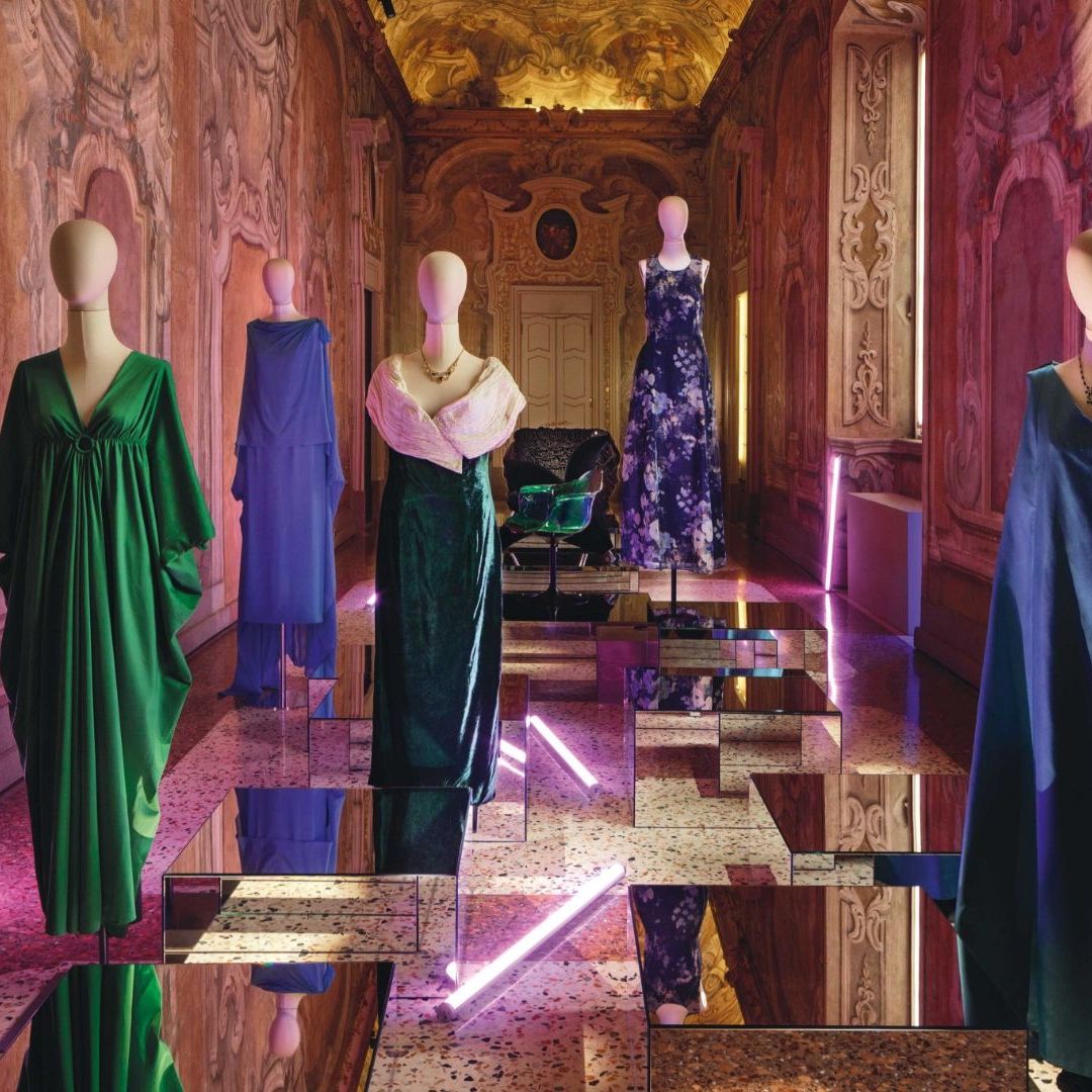  The “sapphires and emeralds” dresses. A selection of designer dresses (from left) Biki Milano, Alfred Angelo, collier by Christian Dior. 