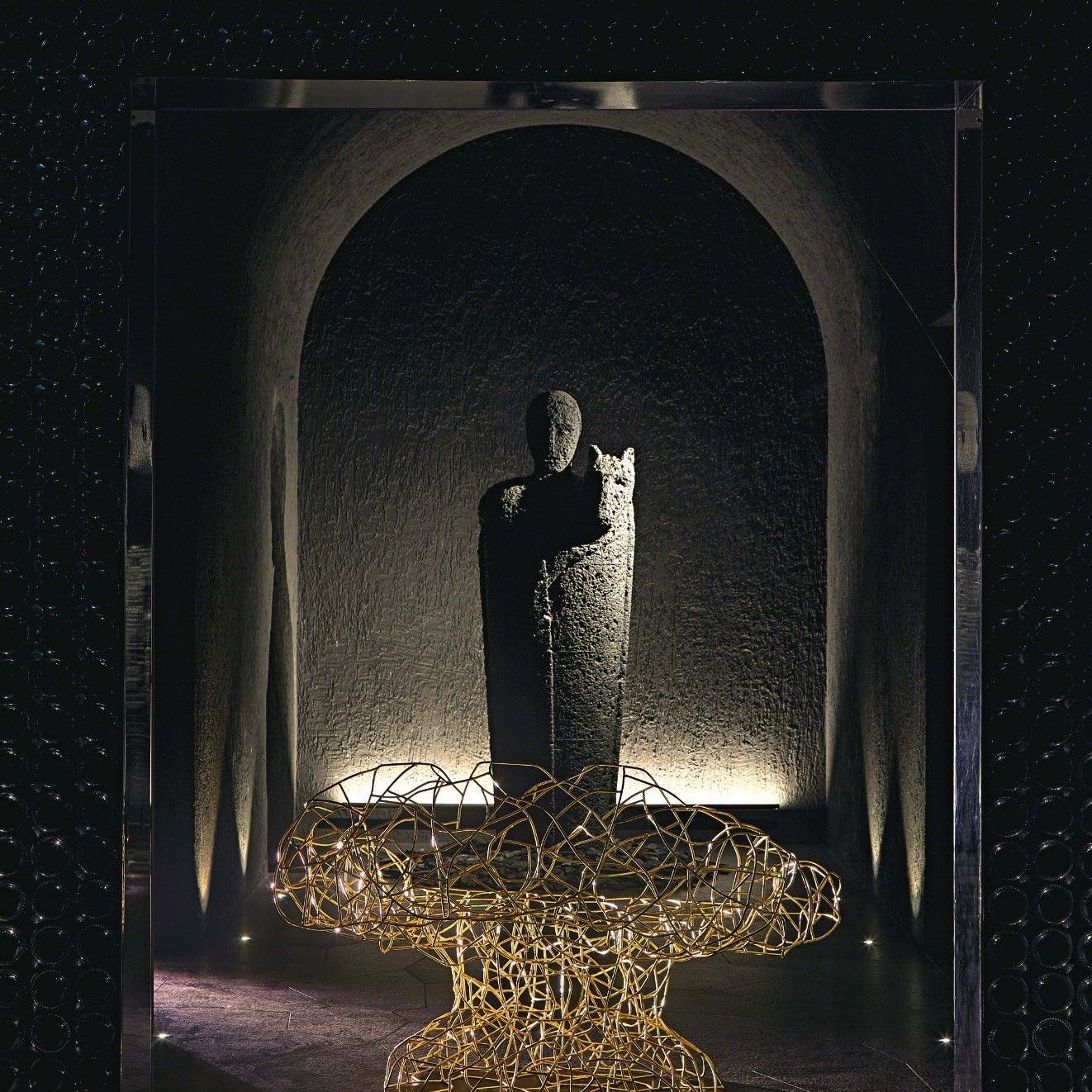  Corallo Gold stands in front of Mimmo Paladino&rsquo;s &ldquo;Testimone&rdquo; (Witness), 2017. 