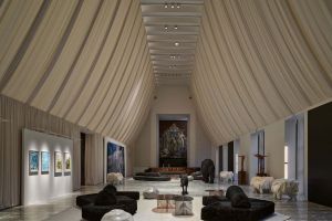  Casa Italia, Milan Triennale. The Hall of Honour welcomes national and international guests in an atmosphere inspired by mountain landscapes. 
